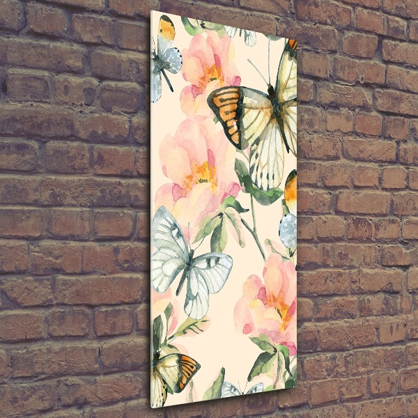 Quadro in vetro acrilico verticale Rose e farfalle