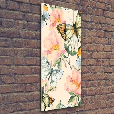 Quadro in vetro acrilico verticale Rose e farfalle
