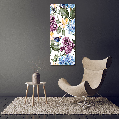 Quadro vetro acrilico verticale Fiori e uccelli