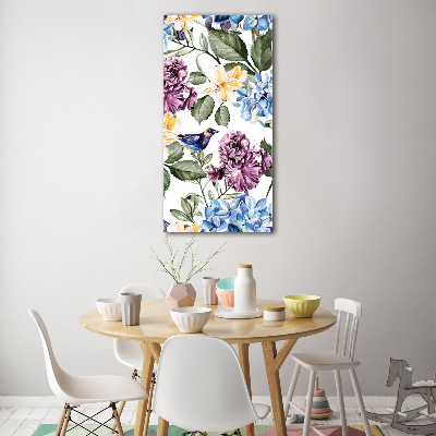 Quadro vetro acrilico verticale Fiori e uccelli