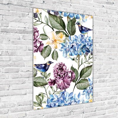 Quadro vetro acrilico verticale Fiori e uccelli