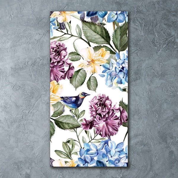 Quadro vetro acrilico verticale Fiori e uccelli