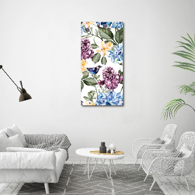 Quadro vetro acrilico verticale Fiori e uccelli