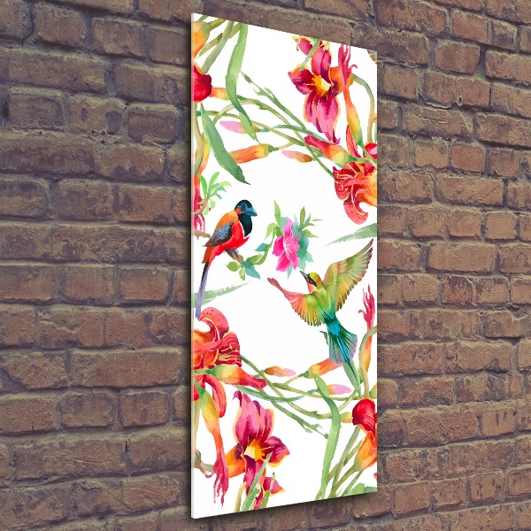 Quadro vetro acrilico verticale Uccelli e fiori