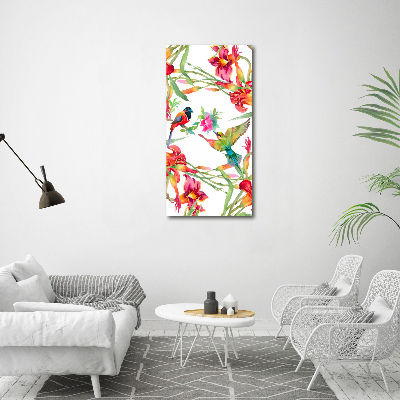 Quadro vetro acrilico verticale Uccelli e fiori