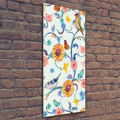 Quadro stampa su vetro acrilico verticale Uccelli, farfalle, fiori