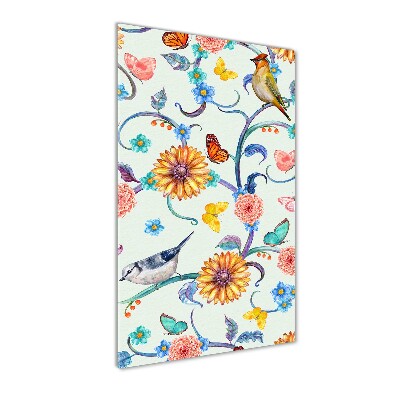 Quadro stampa su vetro acrilico verticale Uccelli, farfalle, fiori