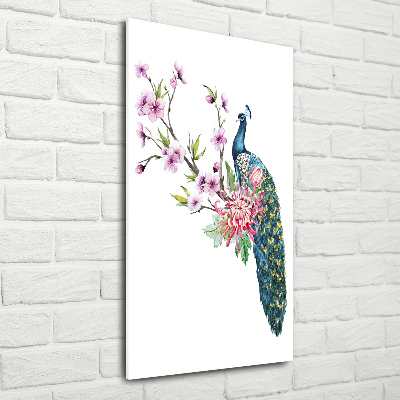 Quadro stampa su vetro acrilico verticale Pavone e fiori