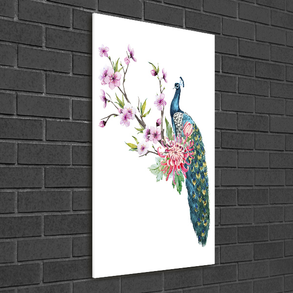 Quadro stampa su vetro acrilico verticale Pavone e fiori