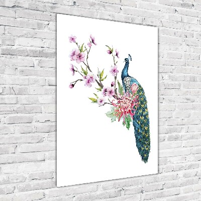 Quadro stampa su vetro acrilico verticale Pavone e fiori