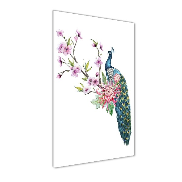 Quadro stampa su vetro acrilico verticale Pavone e fiori