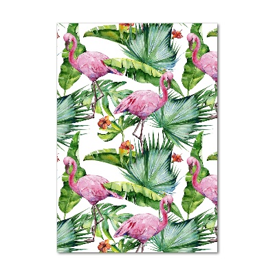 Quadro acrilico verticale Foglie e fenicotteri