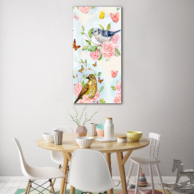 Quadro stampa su vetro acrilico verticale Uccelli, farfalle, fiori