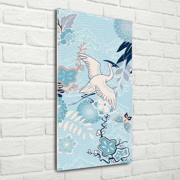 Quadro in vetro acrilico verticale Gru e fiori