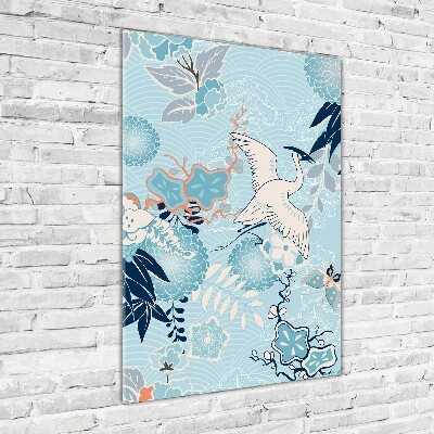 Quadro in vetro acrilico verticale Gru e fiori