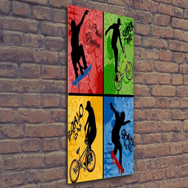 Quadro in vetro acrilico verticale Bicicletta e skateboard