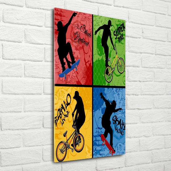 Quadro in vetro acrilico verticale Bicicletta e skateboard