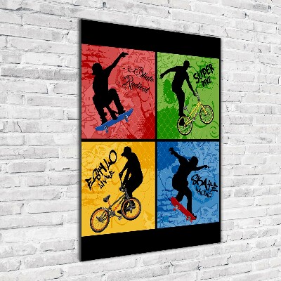 Quadro in vetro acrilico verticale Bicicletta e skateboard