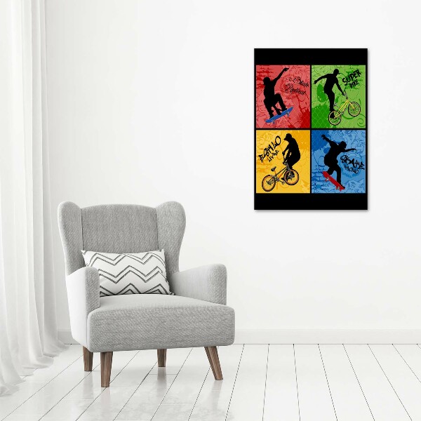 Quadro in vetro acrilico verticale Bicicletta e skateboard