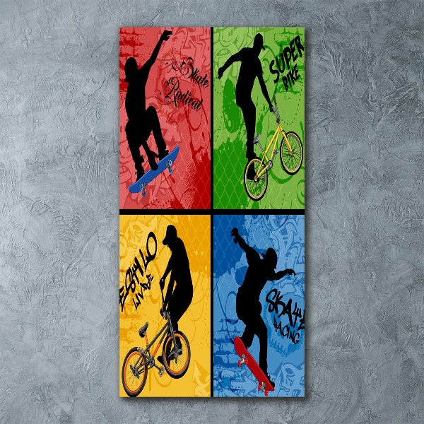 Quadro in vetro acrilico verticale Bicicletta e skateboard