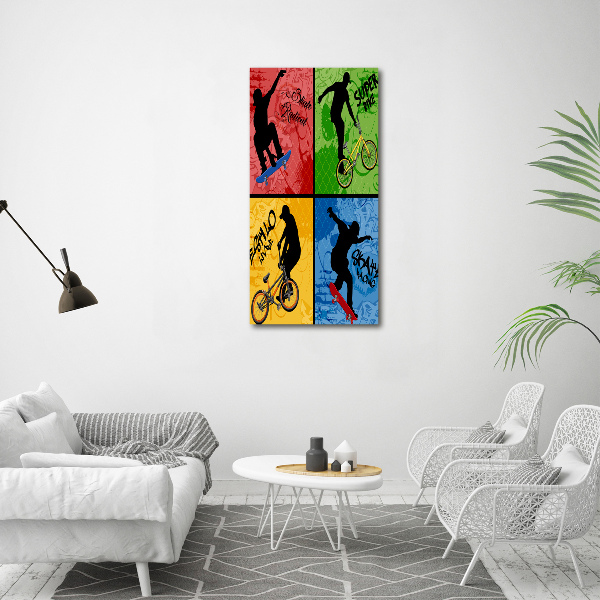 Quadro in vetro acrilico verticale Bicicletta e skateboard