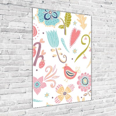 Quadro stampa su vetro acrilico verticale Piante e uccelli