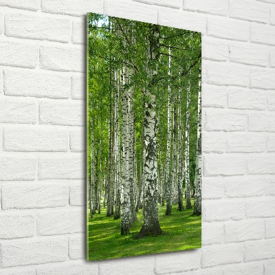 Quadro stampa su vetro acrilico verticale Foresta di betulle