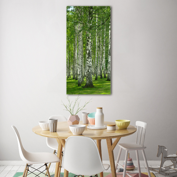 Quadro stampa su vetro acrilico verticale Foresta di betulle