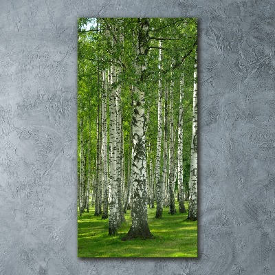Quadro stampa su vetro acrilico verticale Foresta di betulle