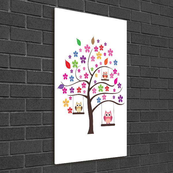 Quadro in vetro acrilico verticale Gufi sulle altalene