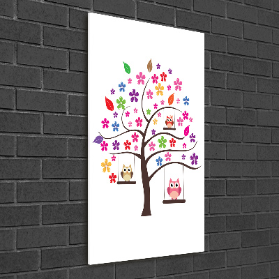 Quadro in vetro acrilico verticale Gufi sulle altalene