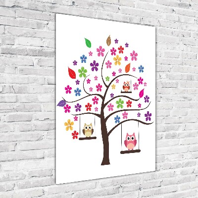 Quadro in vetro acrilico verticale Gufi sulle altalene