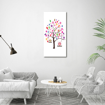 Quadro in vetro acrilico verticale Gufi sulle altalene