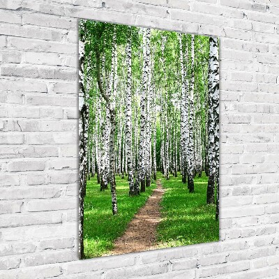 Quadro stampa su vetro acrilico verticale Foresta di betulle