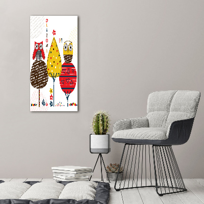 Quadro stampa su vetro acrilico verticale Gufi sugli alberi