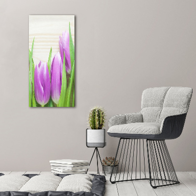 Quadro stampa su vetro acrilico verticale Tulipani viola