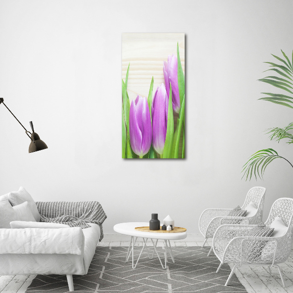 Quadro stampa su vetro acrilico verticale Tulipani viola