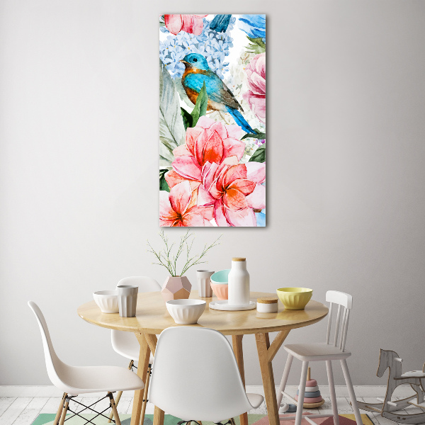 Quadro vetro acrilico verticale Fiori e uccelli