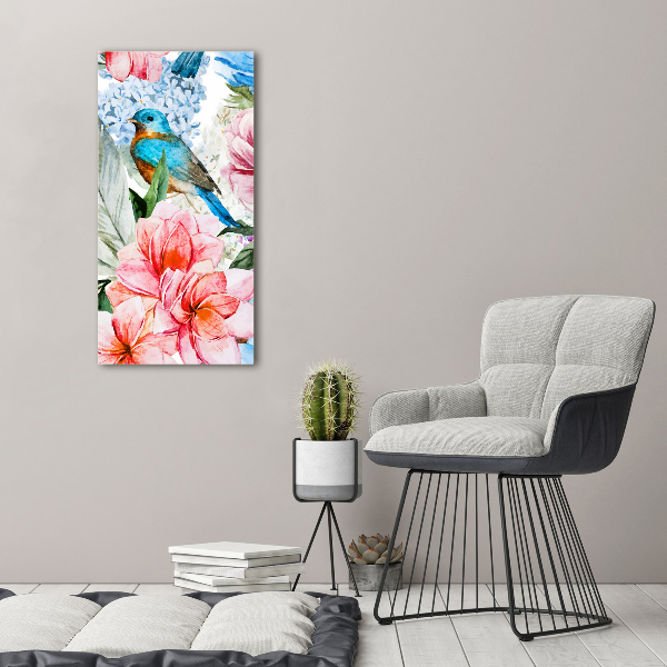 Quadro vetro acrilico verticale Fiori e uccelli