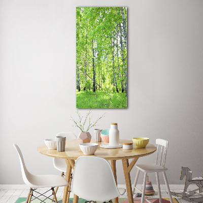 Quadro stampa su vetro acrilico verticale Foresta di betulle
