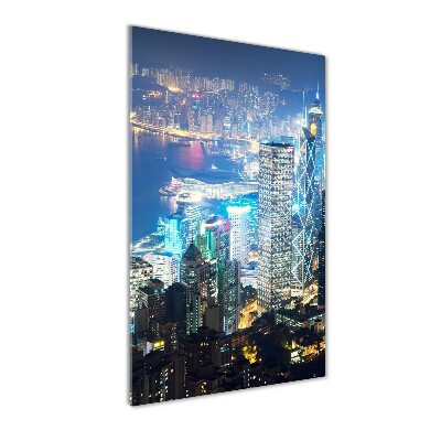 Quadro stampa su vetro acrilico verticale Hong Kong di notte