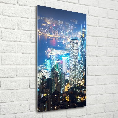 Quadro stampa su vetro acrilico verticale Hong Kong di notte