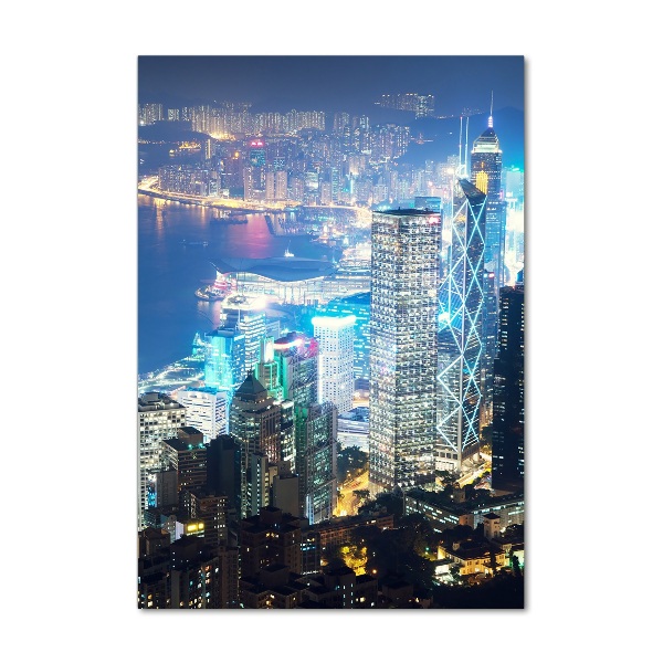 Quadro stampa su vetro acrilico verticale Hong Kong di notte