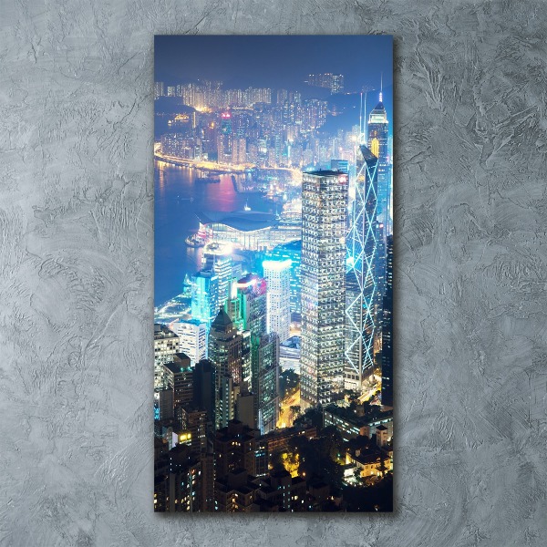 Quadro stampa su vetro acrilico verticale Hong Kong di notte