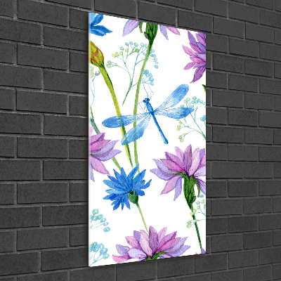 Quadro in vetro acrilico verticale Fiori e libellule