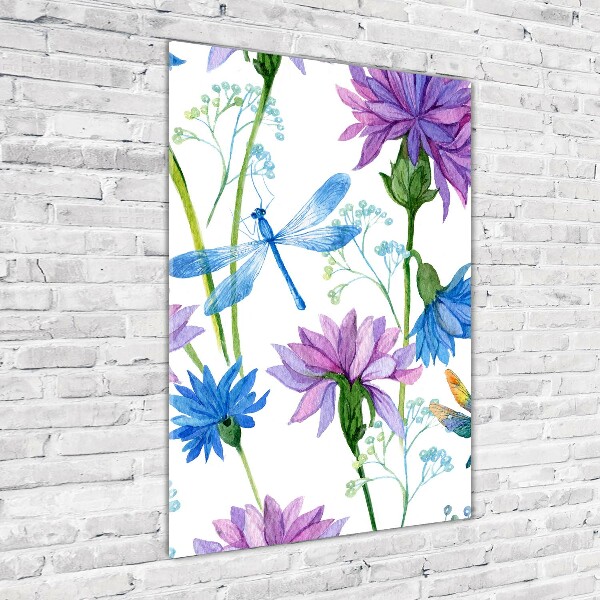 Quadro in vetro acrilico verticale Fiori e libellule