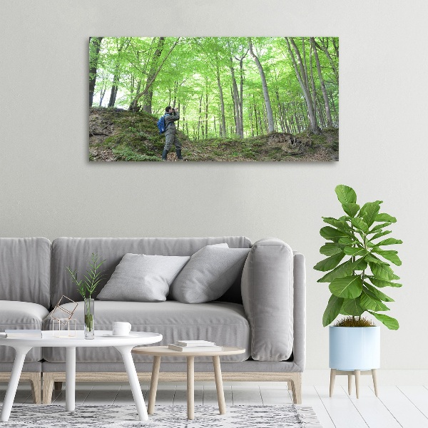 Quadro stampa su tela Ornitologo nella foresta