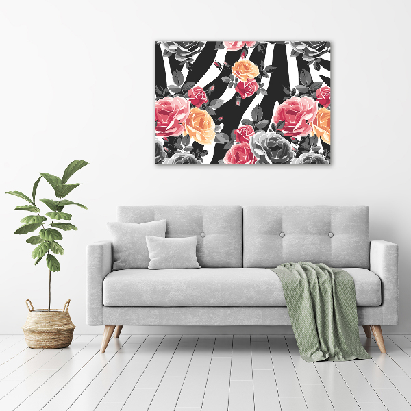 Foto quadro su tela Rose su sfondo zebrato