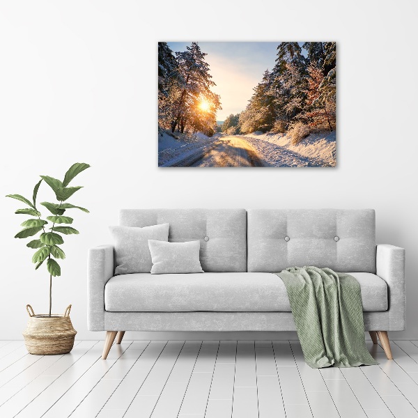 Quadro su tela Una strada nella foresta in inverno
