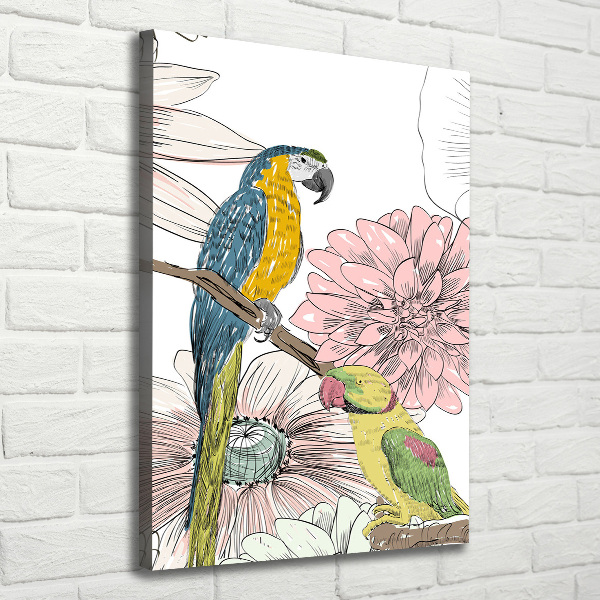 Quadro su tela canvas verticale Pappagalli e fiori